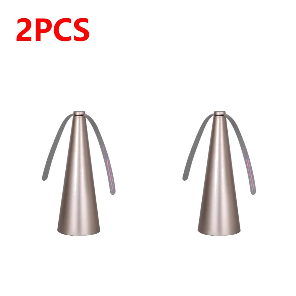 Cone shaped bug | insect | fly fan for table top. Soft blades are plastic and rotate on top to keep bugs and pests away with a USB or batteries available in silver, black or gold.