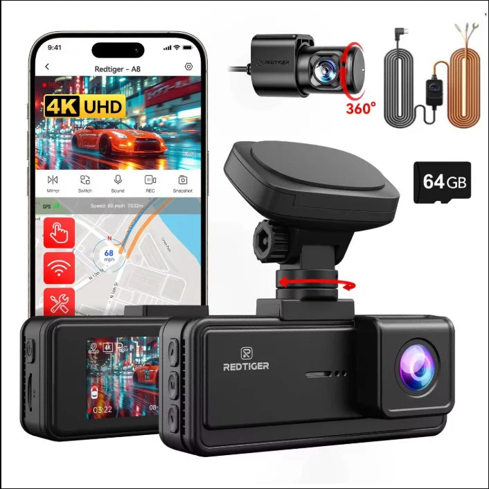 Redtiger 4K UHD dash cam shown in multiple views on a white background, including front, rear screen view, mounting bracket, cable kit, SIM card, and a phone screen mockup displaying 4K UHD content.