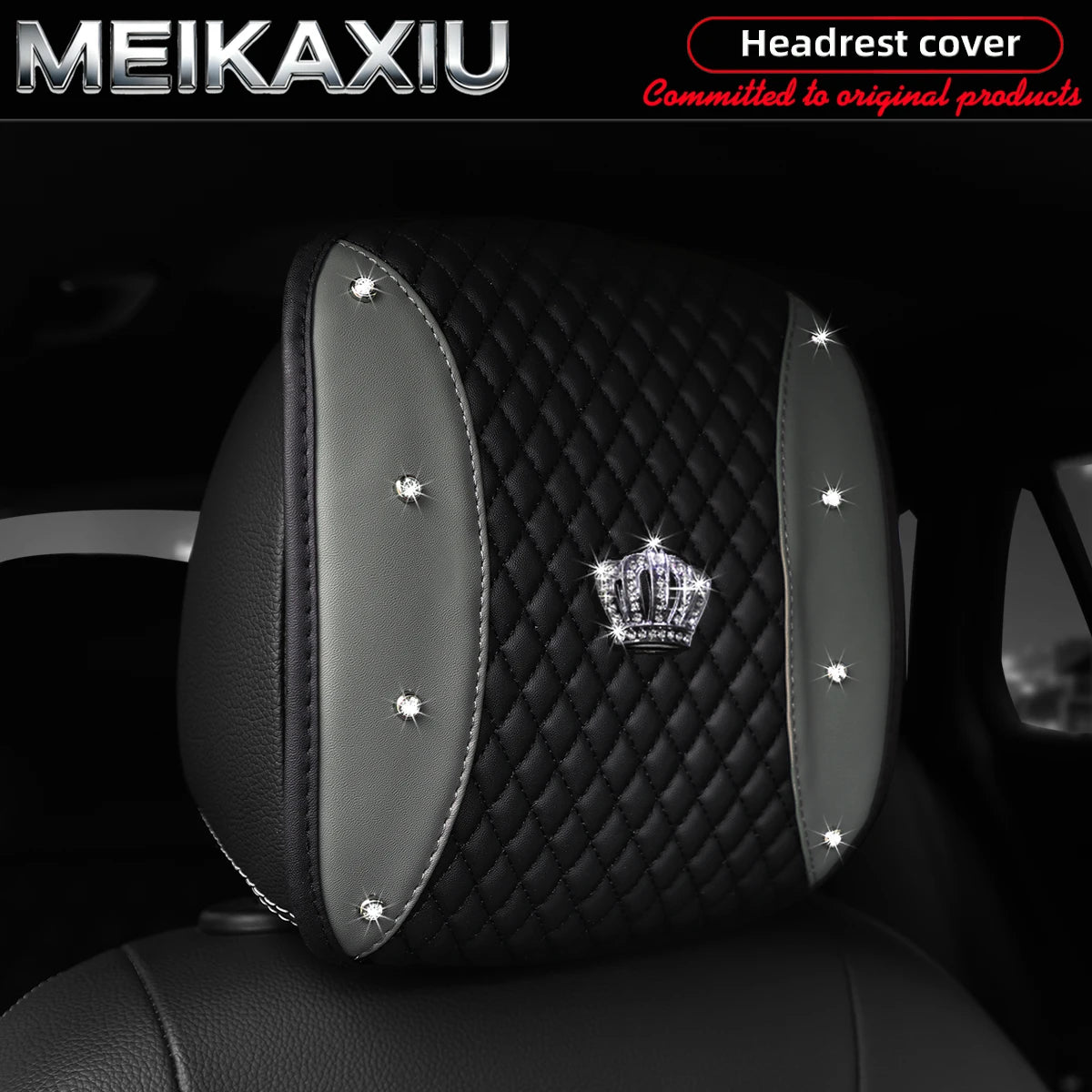 1/2PCS Multi-Color PU Leather Crown Headrest Covers with Embroidered Diamonds Rhinestones Bling Car Decorative Item