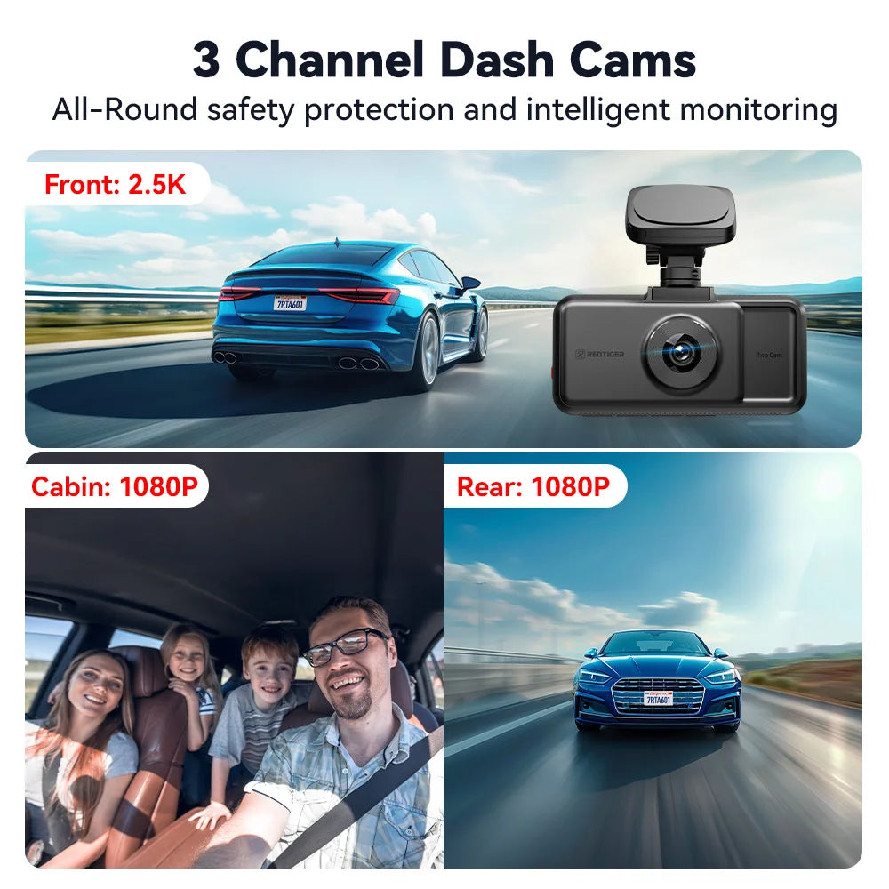 Three-channel dash cam system with front, cabin, and rear views of a car.