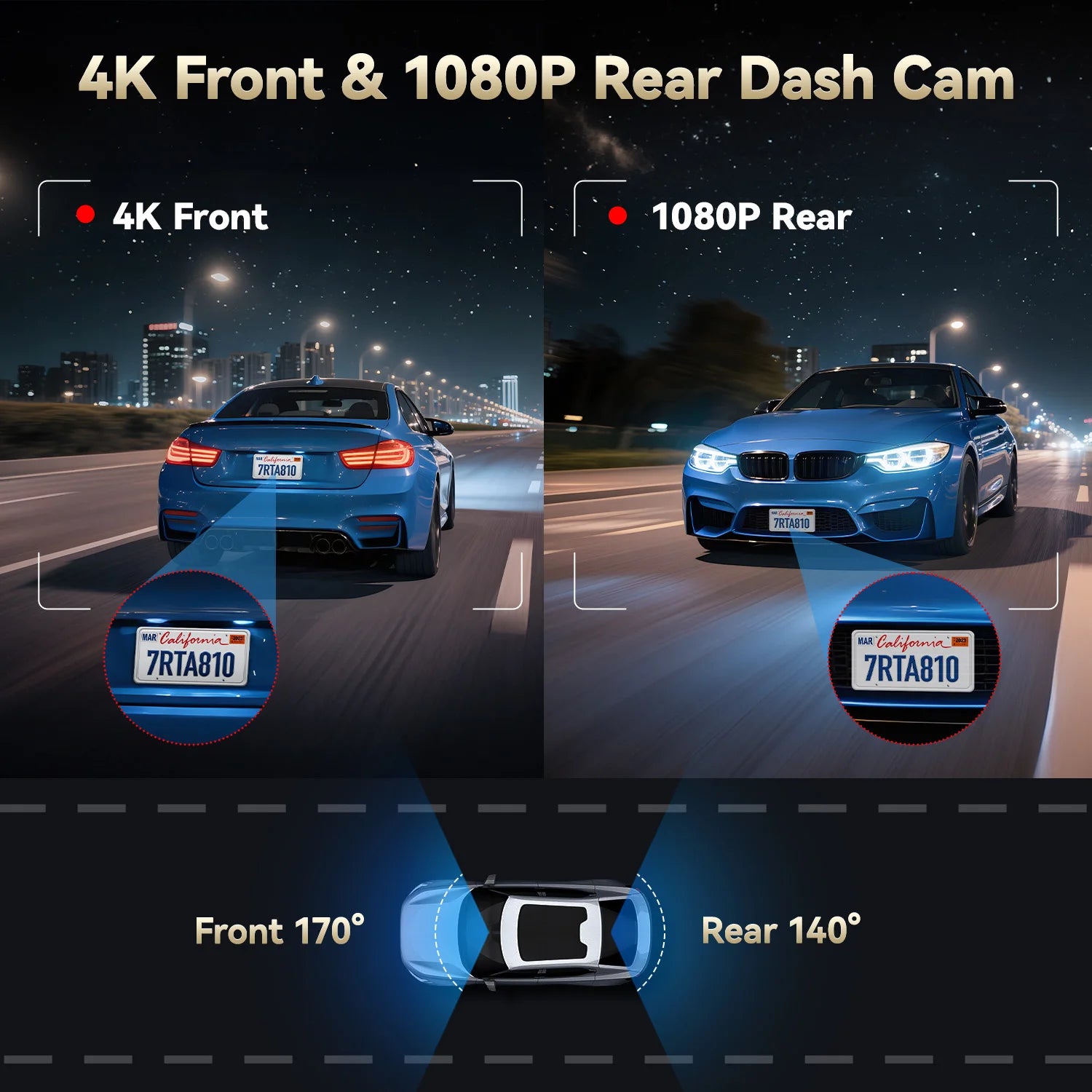 Comparison of 4K front and 1080P rear dash cam views with a blue car on a road at night.  Product is a REDTIGER A8 4K+1080P ADAS Dash Cam 3.18" IPS Touch Screen Front And Rear Car Camera Built-in WiFi And GPS Car DVR Night Vision.