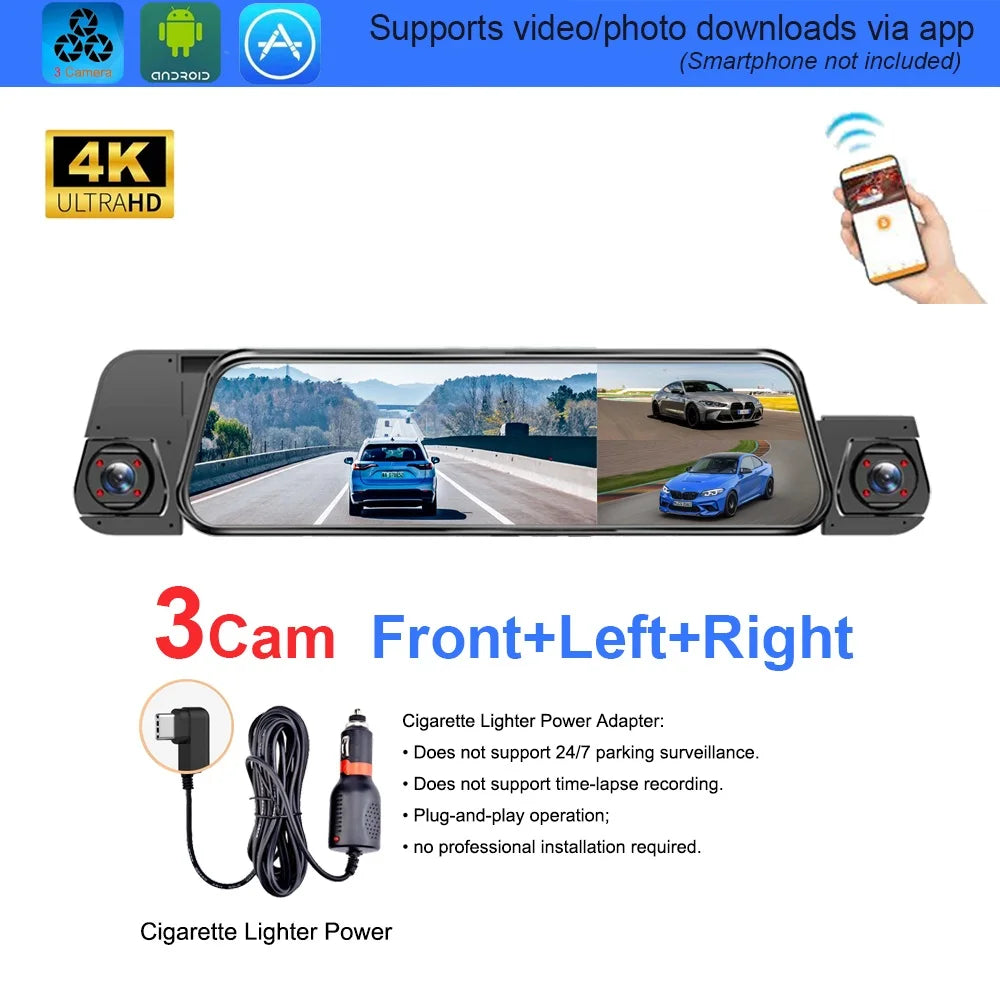 A 3-camera car dash cam power adapter and mirror unit shown on a white background with feature callouts, including a phone app screenshot, 4K Ultra HD badge, cigarette lighter power adapter, and text reading 'Front+Left+Right' and 'Cigarette Lighter Power.'.