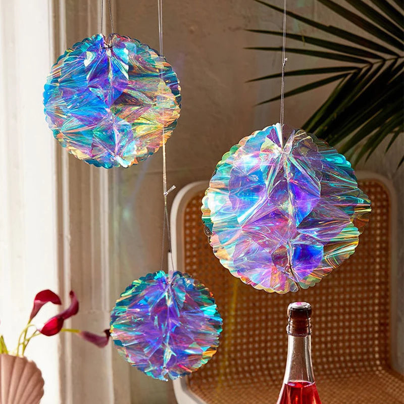 Christmas Iridescent Honeycomb Ball Hanging Ornaments Paper Fan Snowflake Garlands Iridescent Balls for Wedding Birthday Xmas