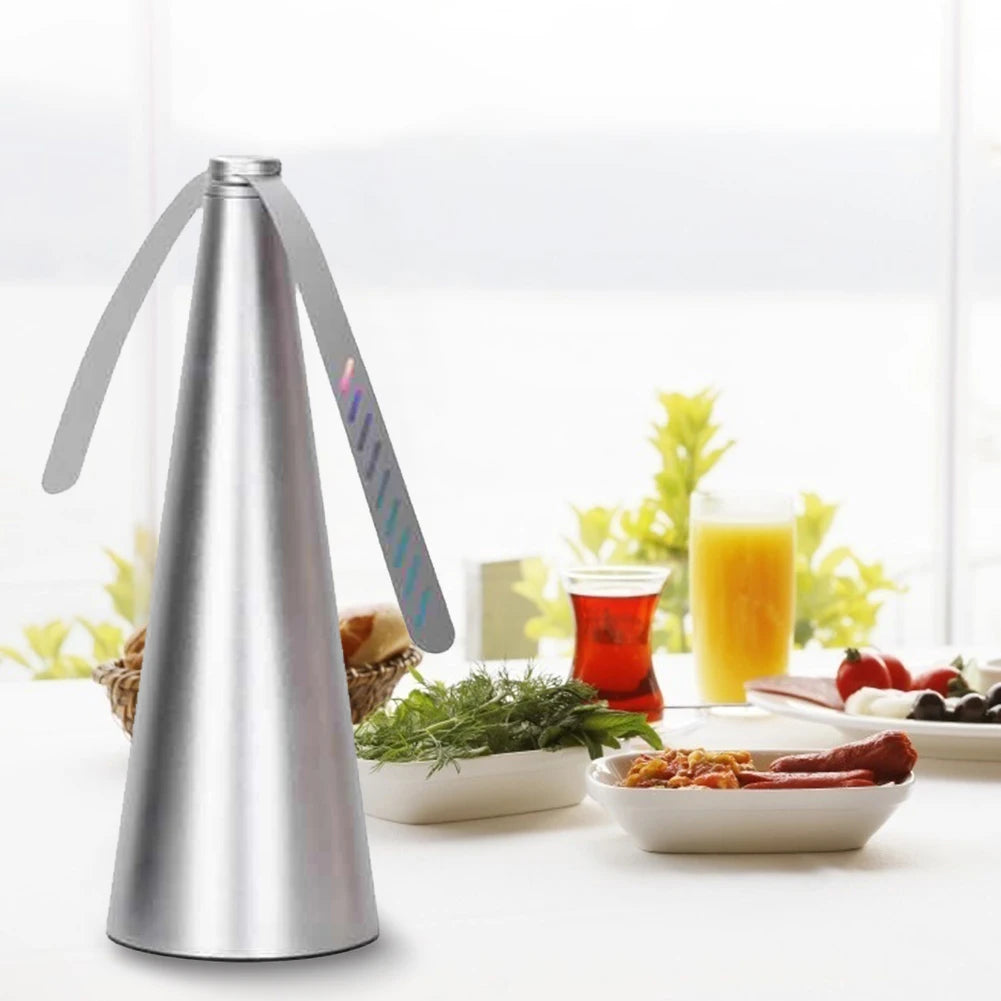 Cone shaped bug | insect | fly fan for table top. Soft blades are plastic and rotate on top to keep bugs and pests away with a USB or batteries available in silver, black or gold.