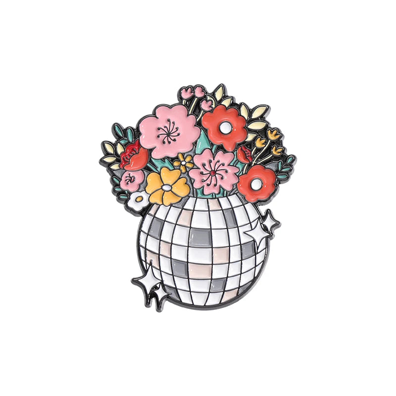 Flower Disco Shining Ball Enamel Pins Custom Bouquet Of Flowers Music Brooches Lapel Badges Jewelry Gift For Fans Friends