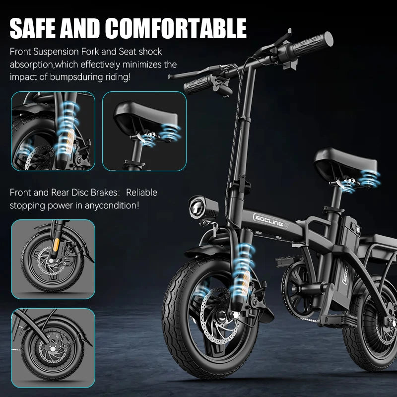 Electric bike with safety features highlighted on a dark background
