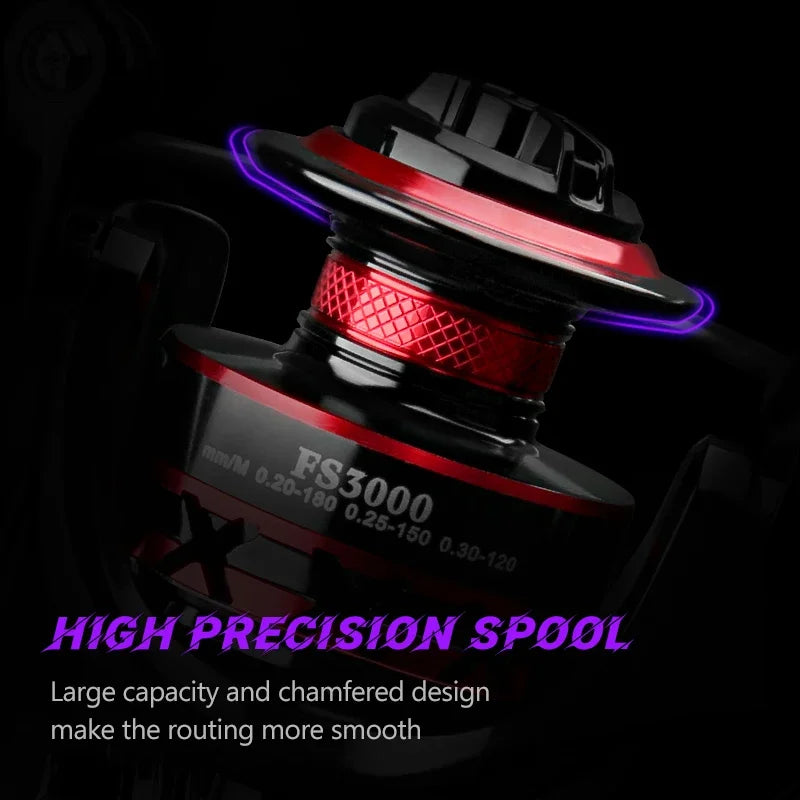High precision spool with red and black design on a dark background