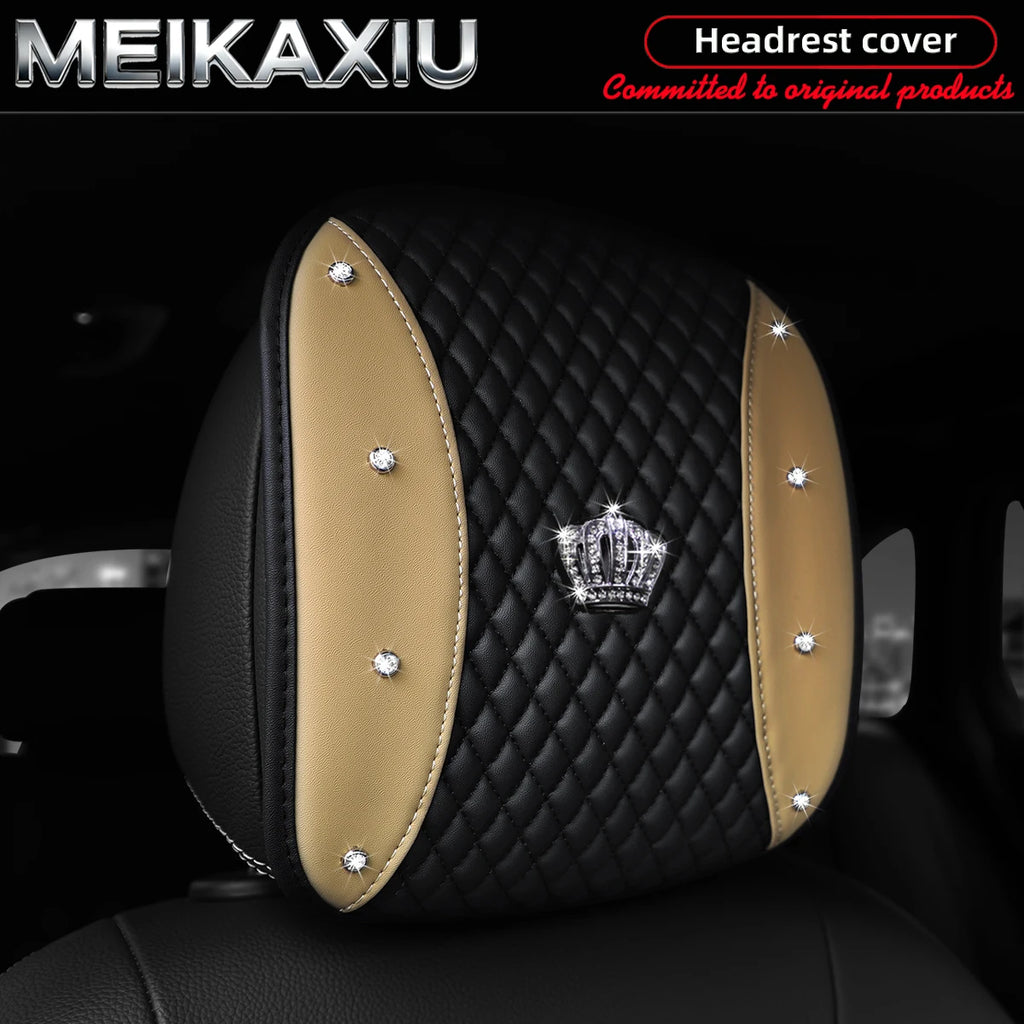 1/2PCS Multi-Color PU Leather Crown Headrest Covers with Embroidered Diamonds Rhinestones Bling Car Decorative Item
