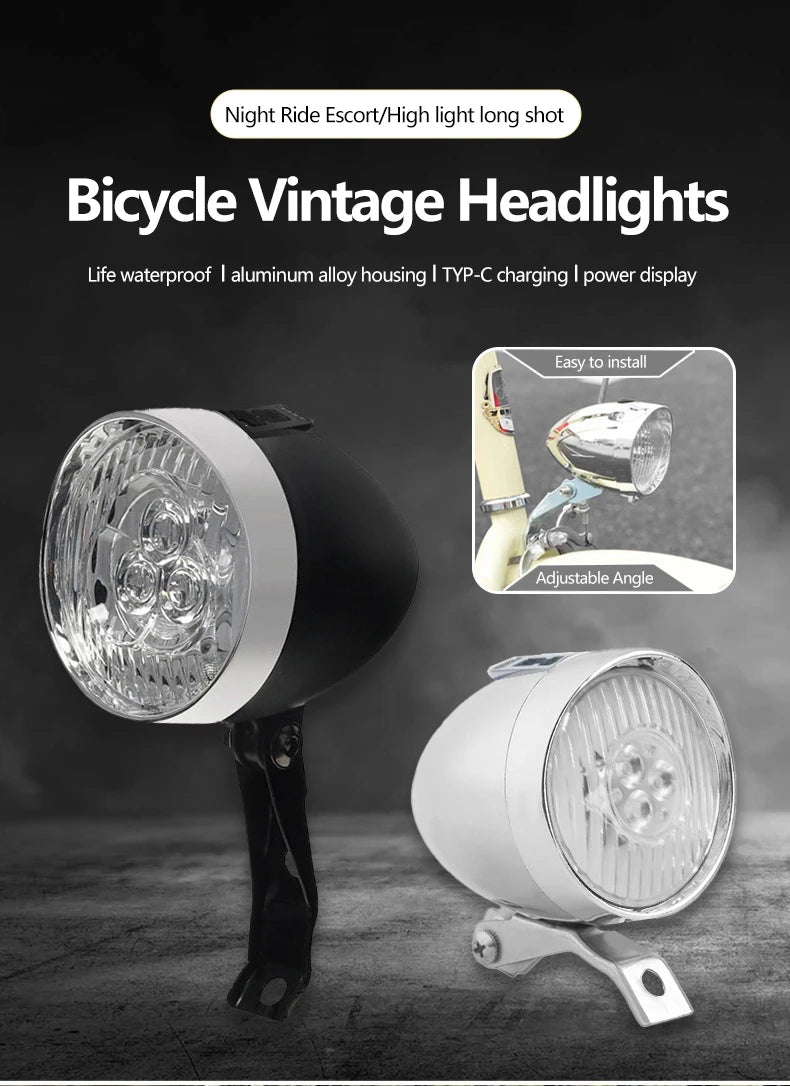 Retro Bike Headlight Type-C Rechargeable Premium Quality Replacement Accessory