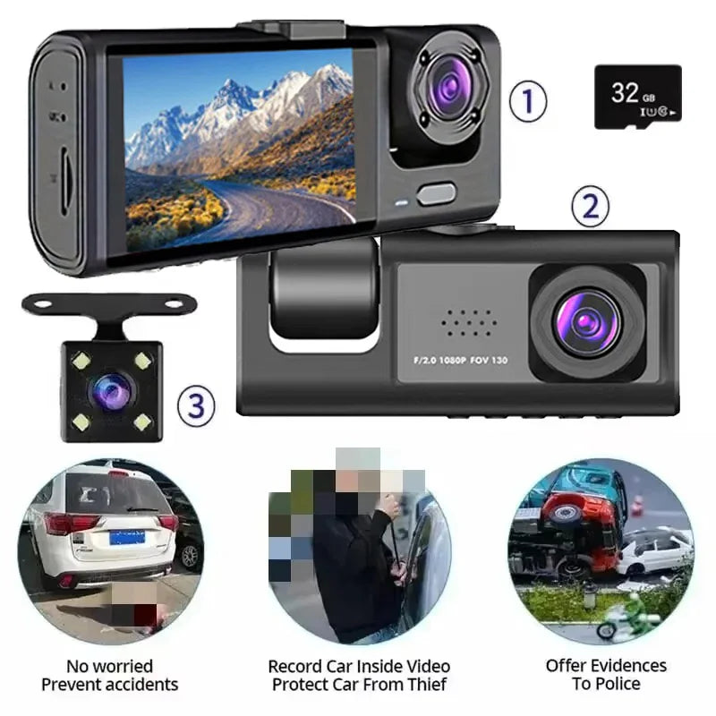 Car dashboard camera with multiple lenses and features highlighted on a white background