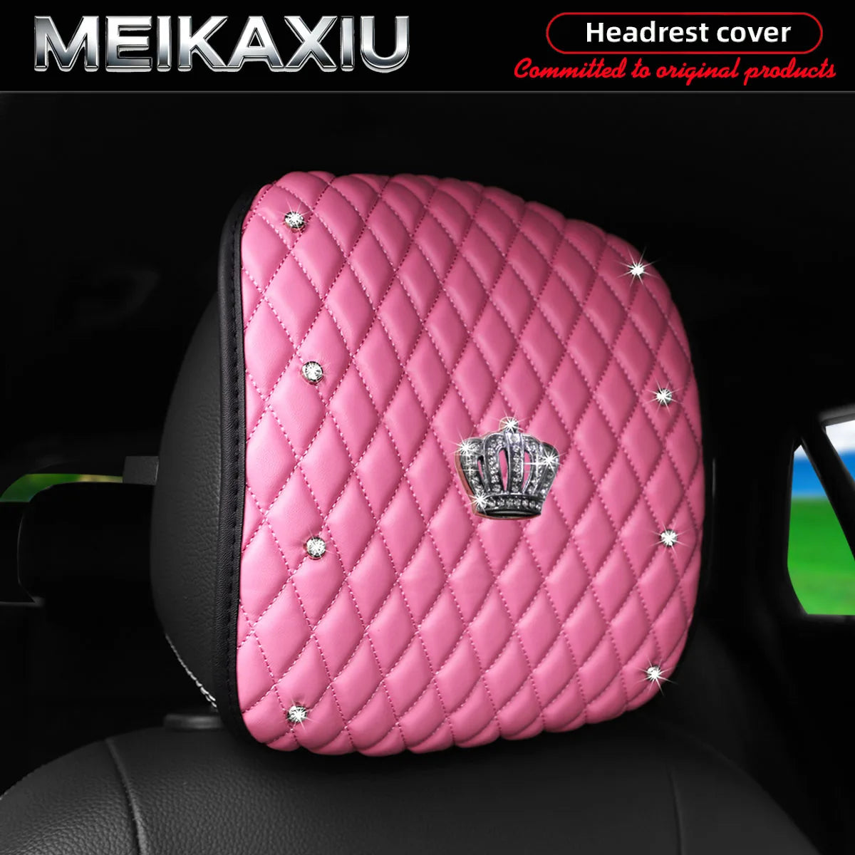 Diamond-Embroidered Rhinestone-Crusted PU Leather Crown Bling Car Headrest Cover 1PC/2PCS Fashionable Automobile Accessory