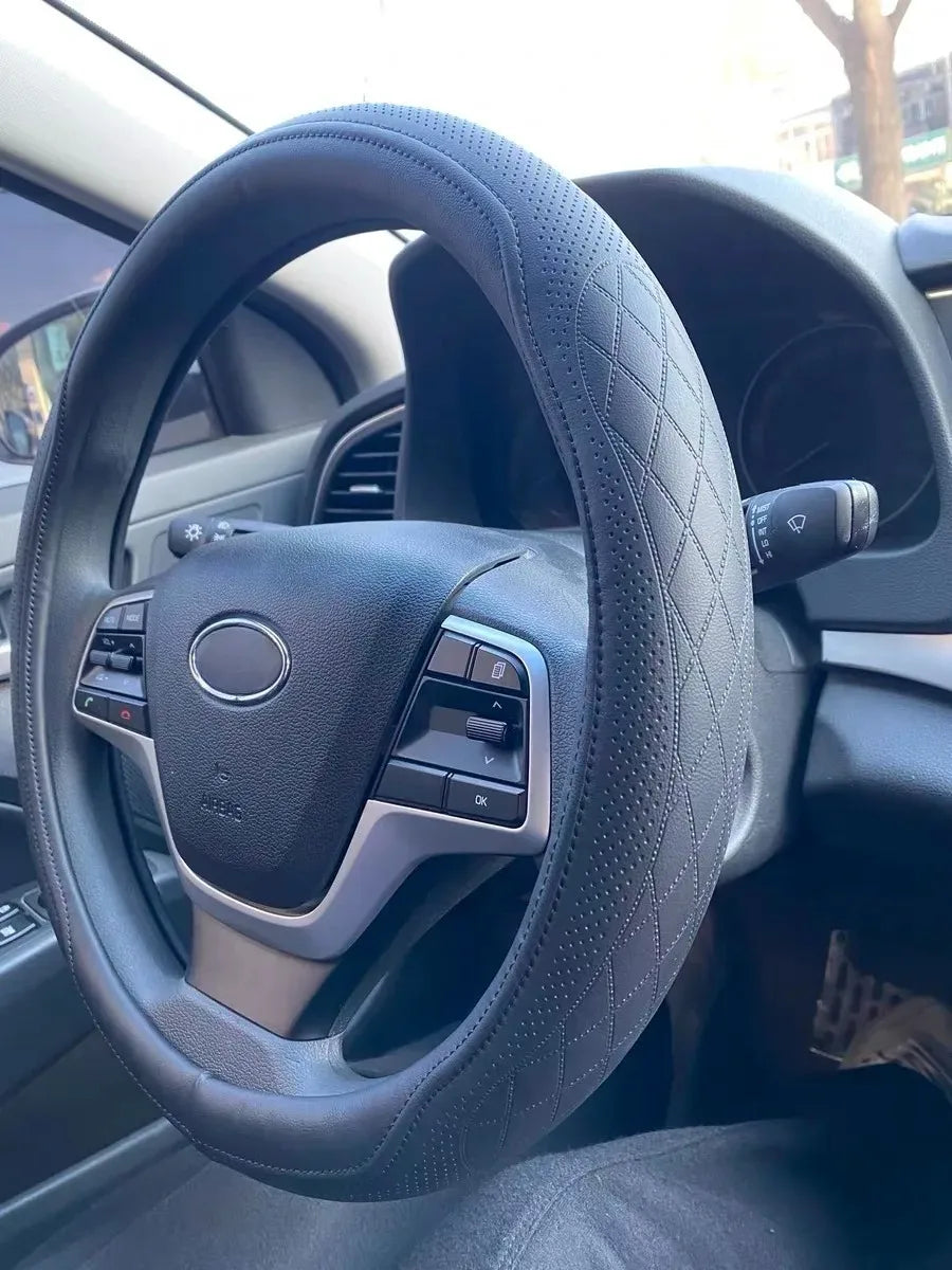 Embossed PU Leather Patchwork Car Steering Wheel Cover Anti-Slip Comfort