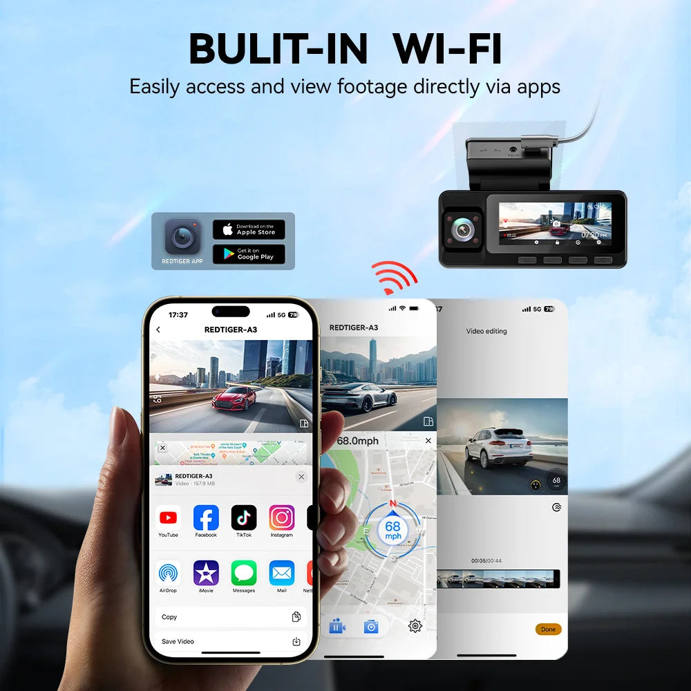 Car dashboard camera with smartphone displaying app interface on a blue sky background.  REDTIGER A3 Dash Cam 3 Channel Dash Camera Dash Car Camera Bulit in 2.4GHz Wifi IR Night Vision.