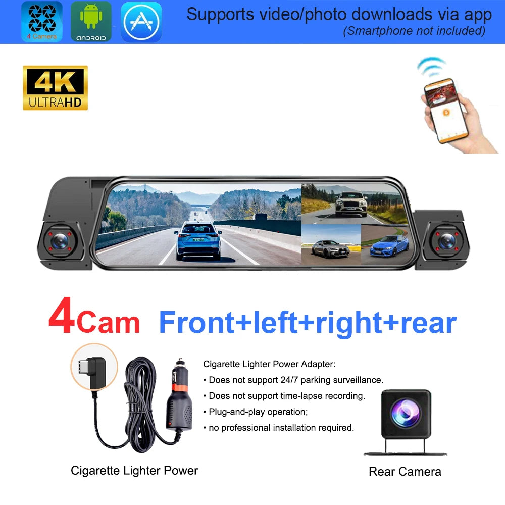 A rear-view mirror style car dash cam with integrated cameras on the left and right sides, shown on a white background with feature callouts, a cigarette lighter power adapter, a rear camera inset, and a hand holding a phone app screen. Text highlights 4K Ultra HD, 4Cam front/left/right/rear coverage, and app support for video/photo downloads.