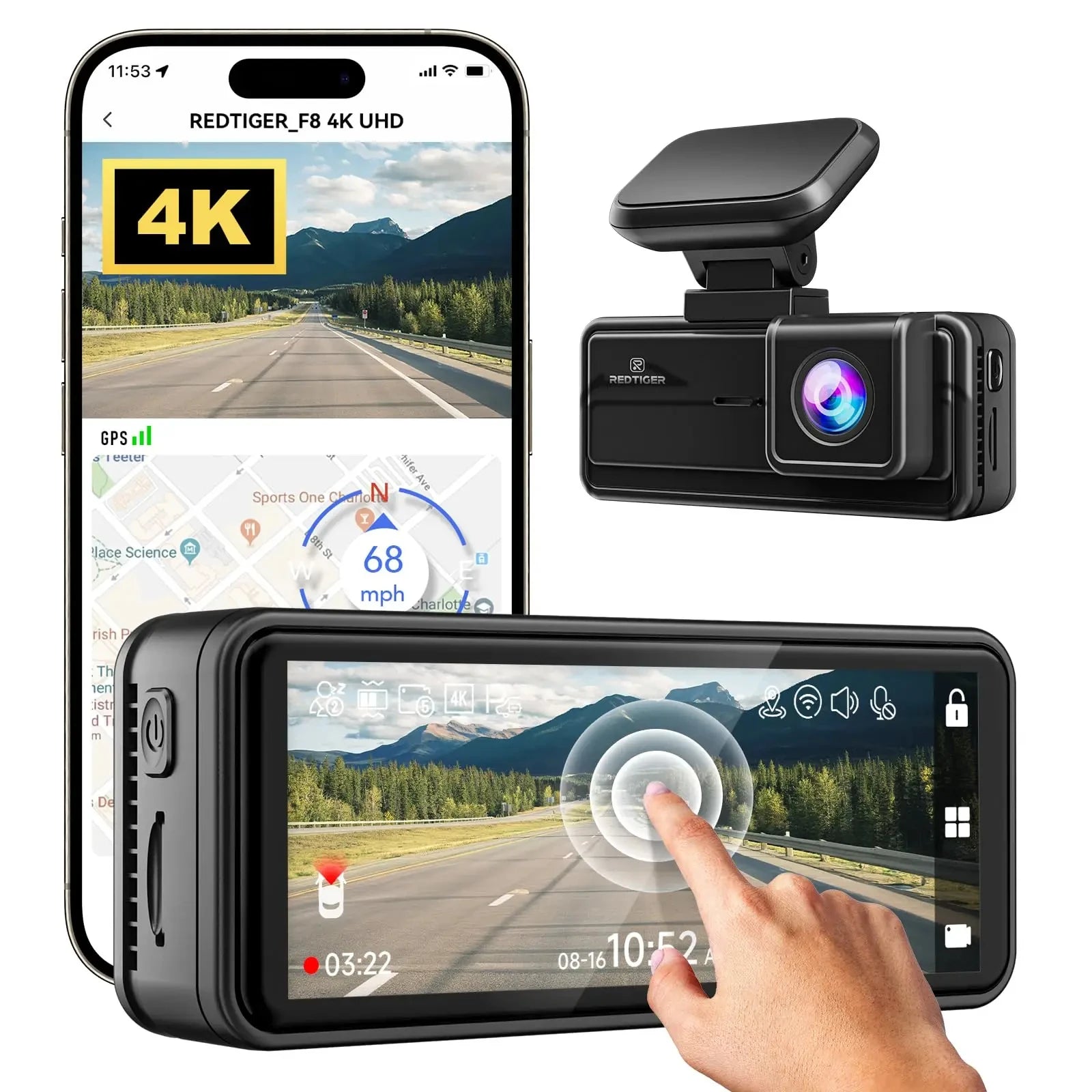 Car dashboard camera with smartphone displaying 4K video feed and navigation app.  REDTIGER F8  4K+1080P 5.8G WiFi Dash Cam Front and Rear GPS Dash Camera.