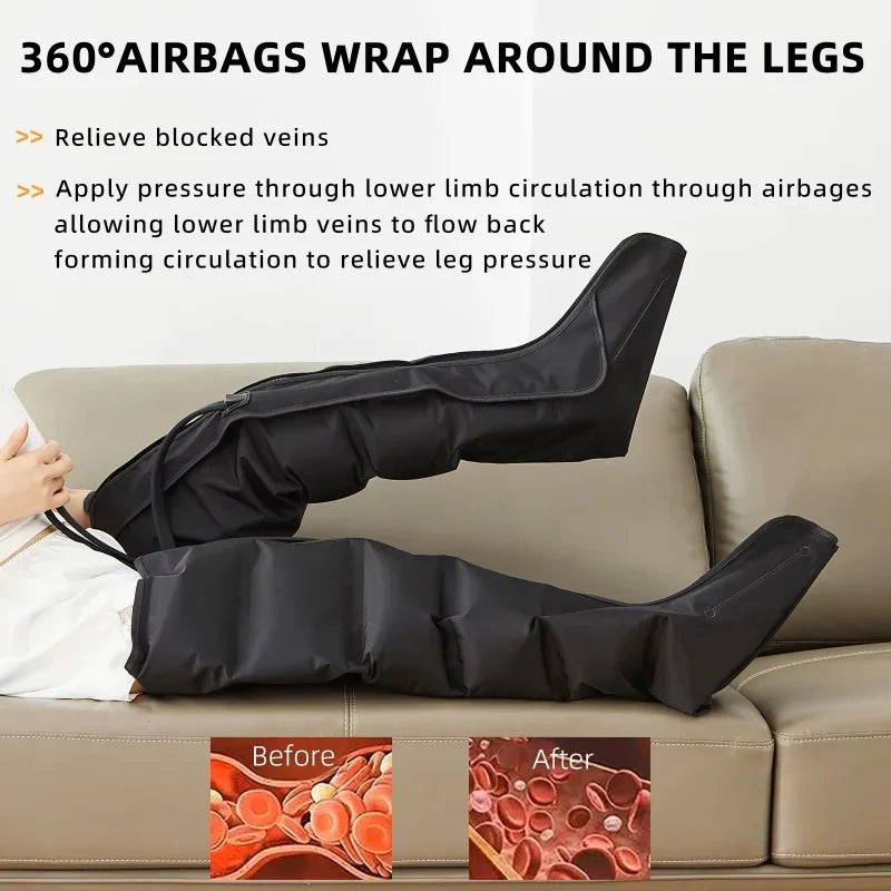 Black pneumatic leg massage airbags shown being worn by a person reclining on a beige sofa, with promotional text at the top and before/after blood circulation inset images at the bottom.