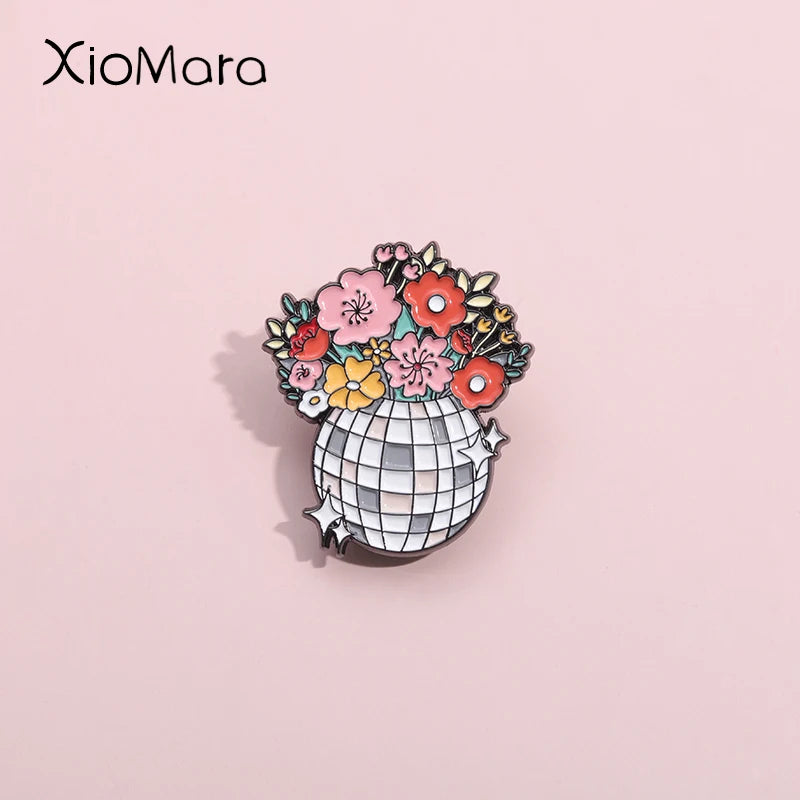 Flower Disco Shining Ball Enamel Pins Custom Bouquet Of Flowers Music Brooches Lapel Badges Jewelry Gift For Fans Friends