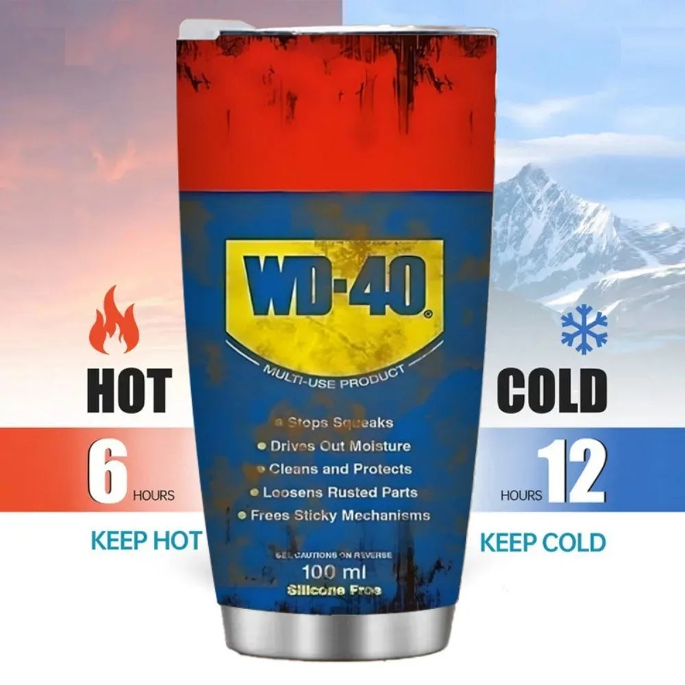 WD-40 Travel Mug, weathered, insulated, looks like the original WD 40 Can