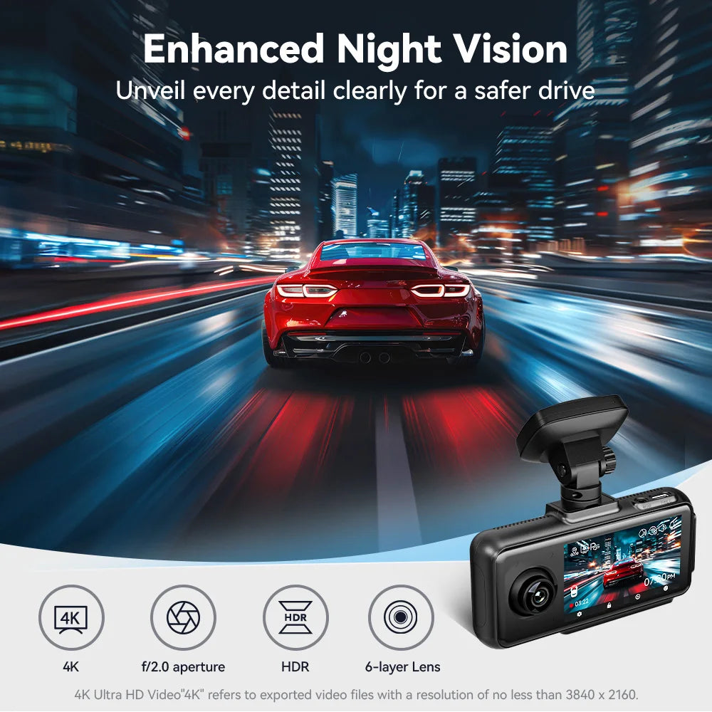 Black 4K Ultra HD dash cam with a 6-layer lens and built-in screen, shown in the lower right corner of an advertisement. The ad features a red sports car driving on a blurred city street at night, with text highlighting 'Enhanced Night Vision' and feature icons for 4K, f/2.