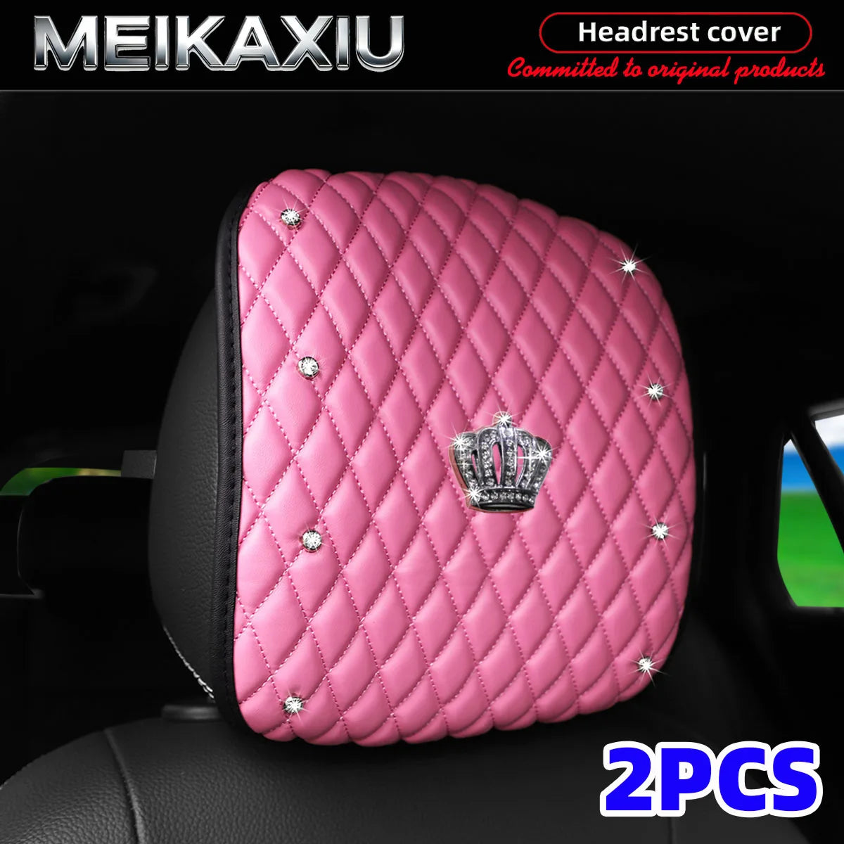 Diamond-Embroidered Rhinestone-Crusted PU Leather Crown Bling Car Headrest Cover 1PC/2PCS Fashionable Automobile Accessory