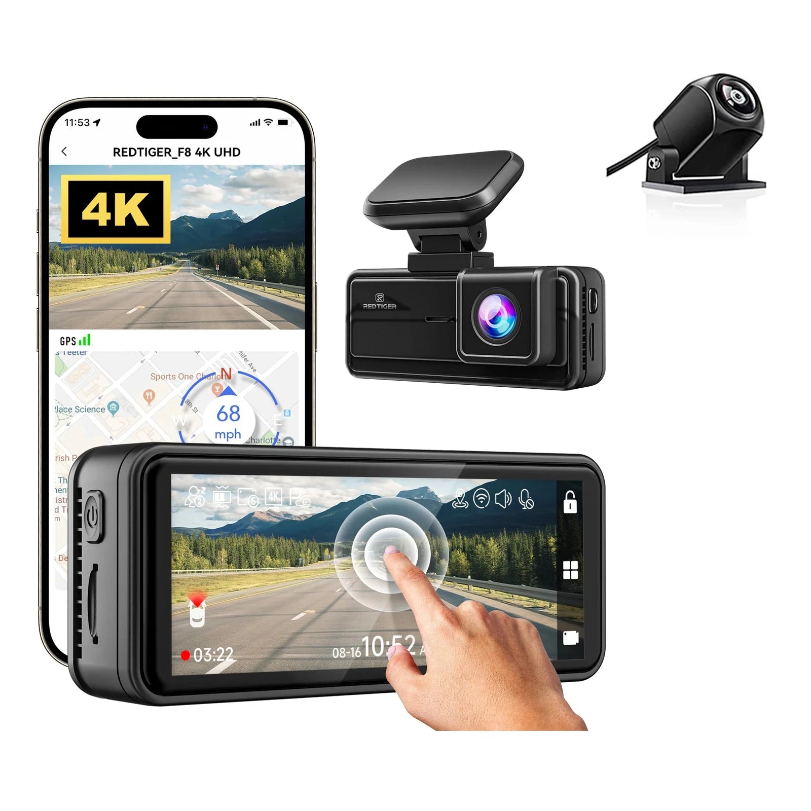 Car dashboard camera system with smartphone displaying 4K video feed, and a hand interacting with a touchscreen display.  REDTIGER F8  4K+1080P 5.8G WiFi Dash Cam Front and Rear GPS Dash Camera.