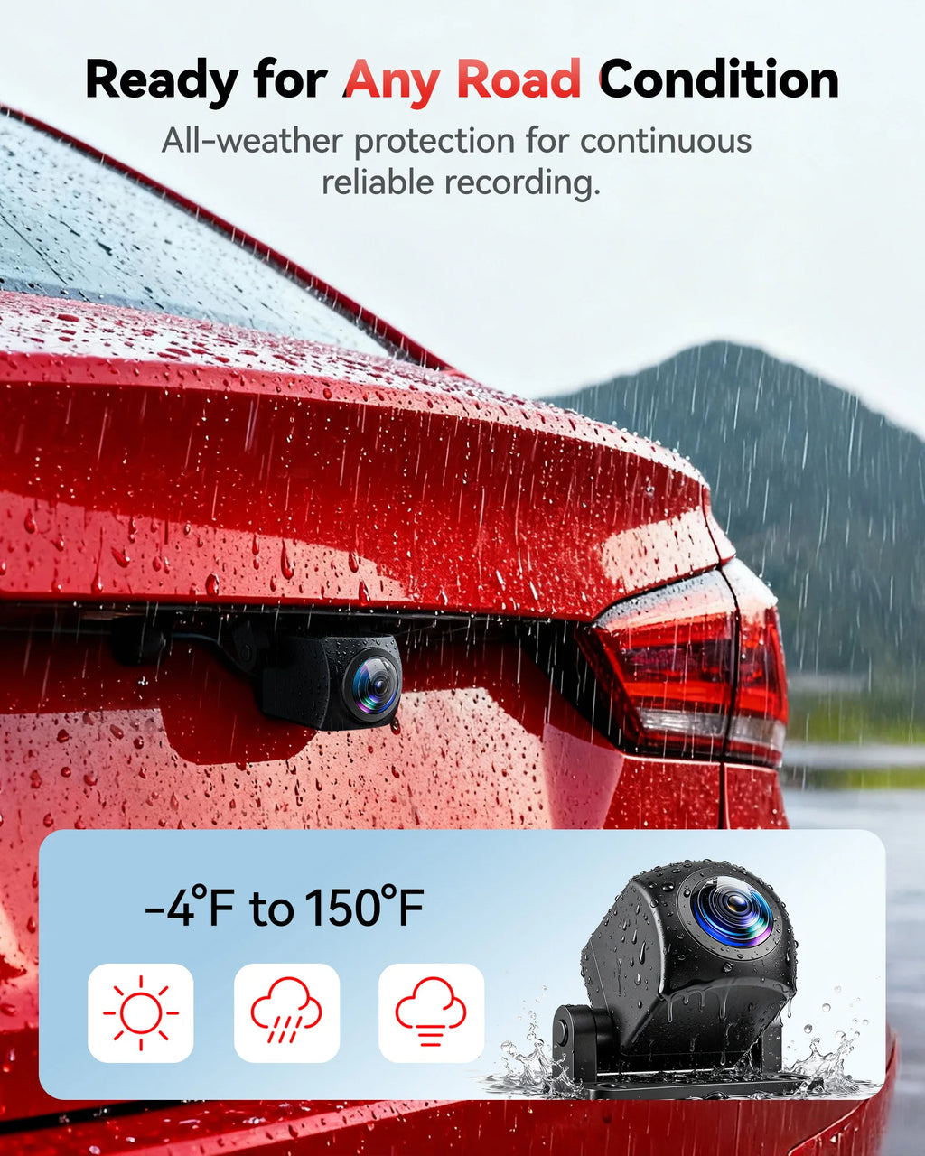 Car camera on a red car with raindrops, text about weather resistance, and temperature range displayed.  Product is  a REDTIGER F7N Dash Camera Front and Rear 4k Dash Cam  Drive Recorder for WiFi GPSbackground