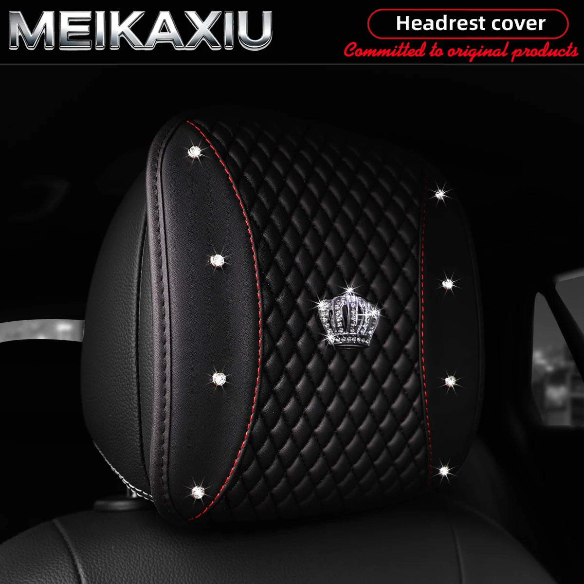 1/2PCS Multi-Color PU Leather Crown Headrest Covers with Embroidered Diamonds Rhinestones Bling Car Decorative Item