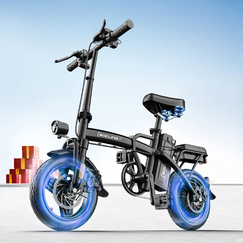 Black electric bike with blue accents on a light gray background