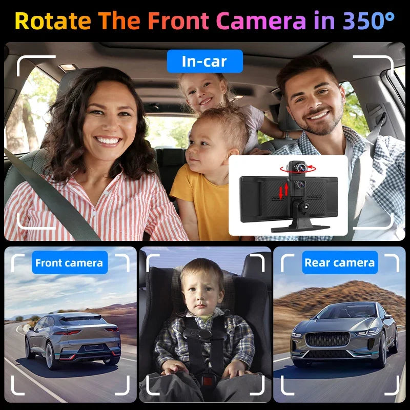 Family in a car with a camera device displaying front and rear views. 4K Dash Cam Wireless Carplay Android Auto 350° Rotating Lens Car DVR GPS