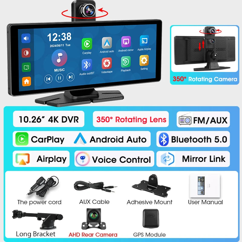 Car monitor with 350-degree rotating camera and various connectivity options on a blue background. 4K Dash Cam Wireless Carplay Android Auto 350° Rotating Lens Car DVR GPS