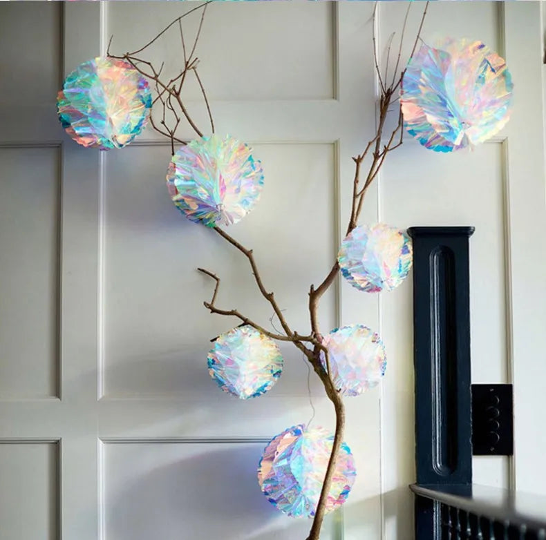Christmas Iridescent Honeycomb Ball Hanging Ornaments Paper Fan Snowflake Garlands Iridescent Balls for Wedding Birthday Xmas