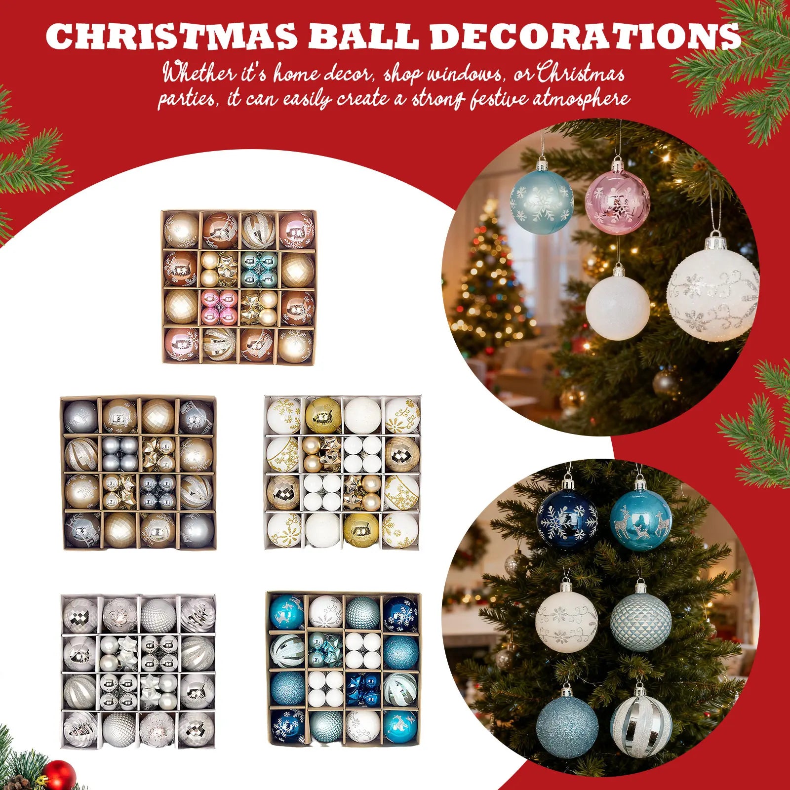 Christmas Ball Ornament Gift Box Set Assorted Blue White Snowflake Reindeer Pattern Design Holiday Festive Tree Hanging Decor