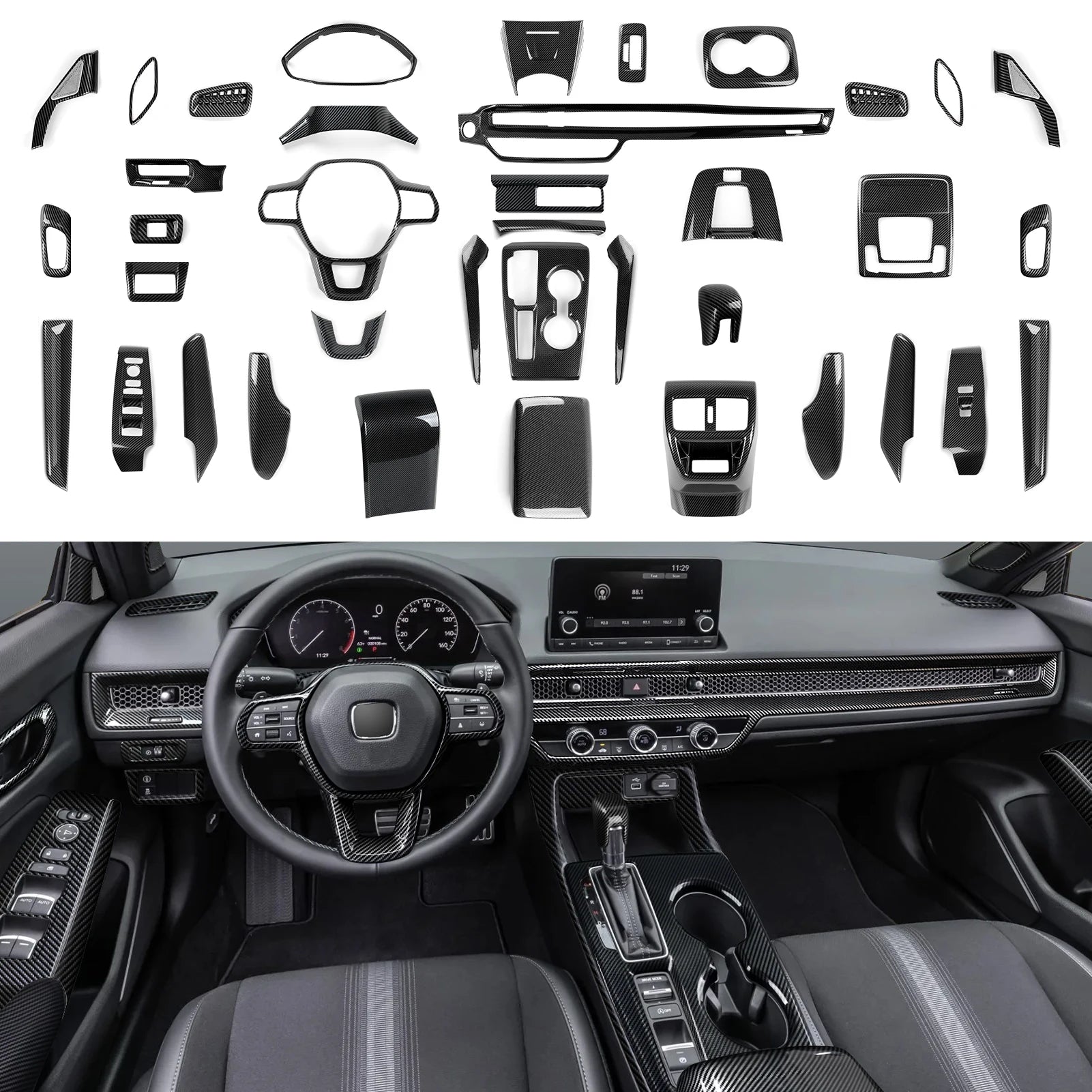 For Honda Civic 11th Gen (2022-2026) Accessories, Steering Wheel Trim, Center Console Gear Shift Panel ,Carbon Fiber ABS Sticker