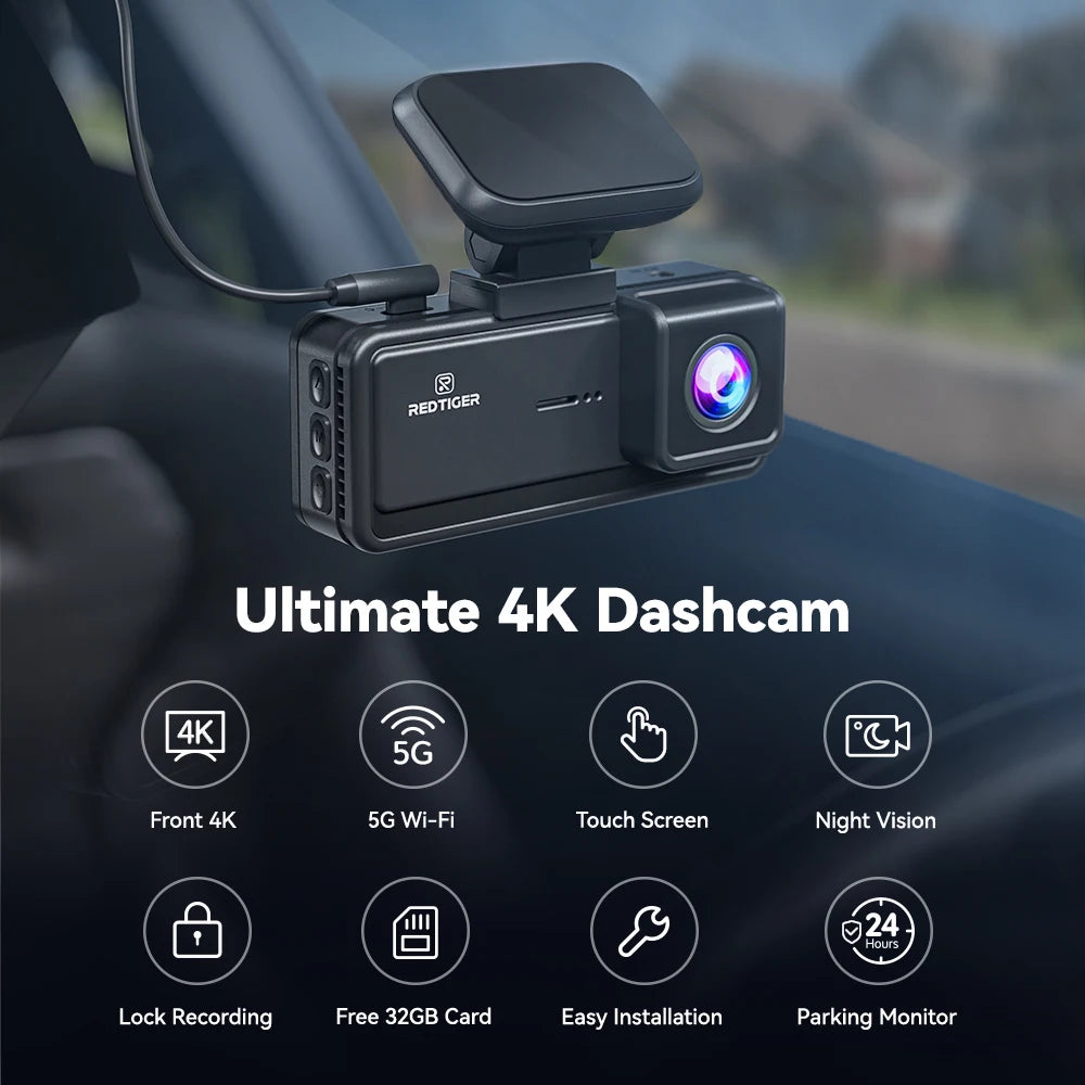 4K dashcam with features listed on a car dashboard background.  REDTIGER F8  4K+1080P 5.8G WiFi Dash Cam Front and Rear GPS Dash Camera.