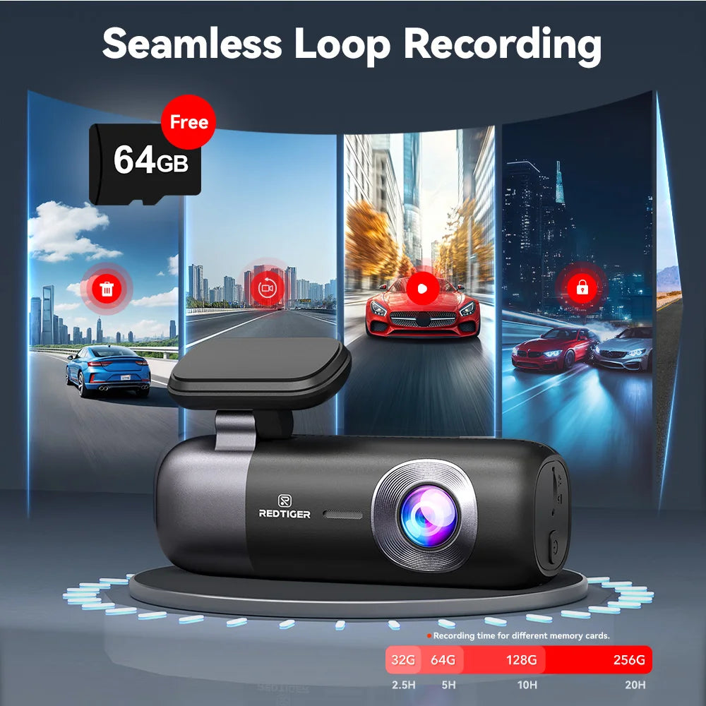 Car dashboard camera with 64GB microSD card included, showing seamless loop recording capabilities.  Product s a REDTIGER F9 Dash Cam 4K Dash Camera Front and Rear WiFi GPS Car Camera.