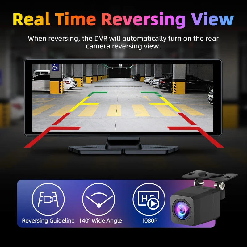 Car reversing camera system with screen displaying real-time view and additional features highlighted. 4K Dash Cam Wireless Carplay Android Auto 350° Rotating Lens Car DVR GPS