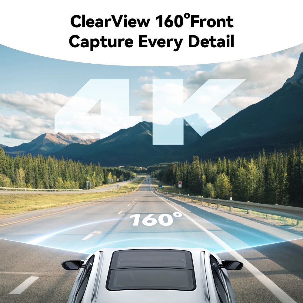 Car on a road with mountains in the background, featuring 'ClearView 160°Front' and '4K' text.  REDTIGER F8  4K+1080P 5.8G WiFi Dash Cam Front and Rear GPS Dash Camera.