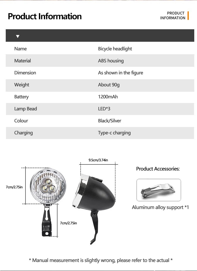Retro Bike Headlight Type-C Rechargeable Premium Quality Replacement Accessory