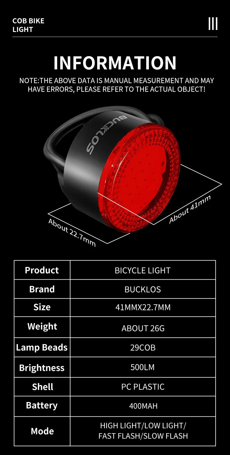 BUCKLOS Bike Light COB Front Premium Quality Replacement Accessory
