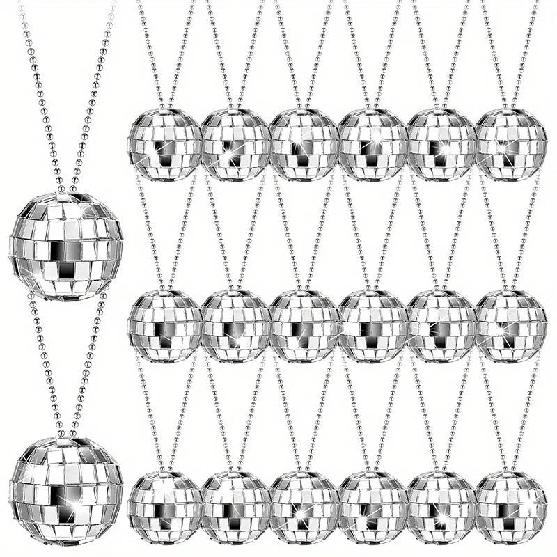 5-10Pcs Mirror Disco Ball Necklaces Silver Hanging Balls Ornament 70s Disco Party Necklaces Mini 70s Jewelry Party Favor Decor