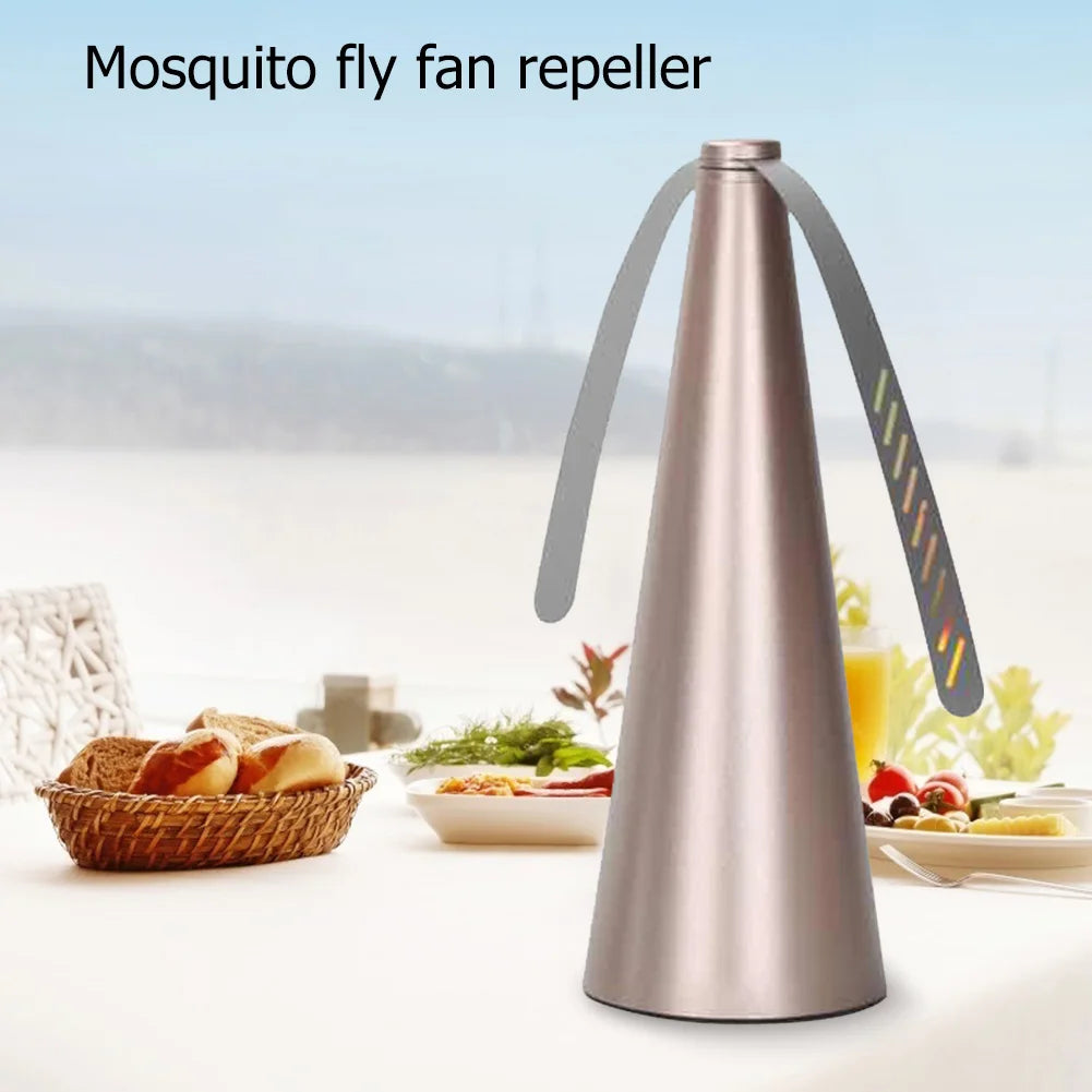 Cone shaped bug | insect | fly fan for table top. Soft blades are plastic and rotate on top to keep bugs and pests away with a USB or batteries available in silver, black or gold.