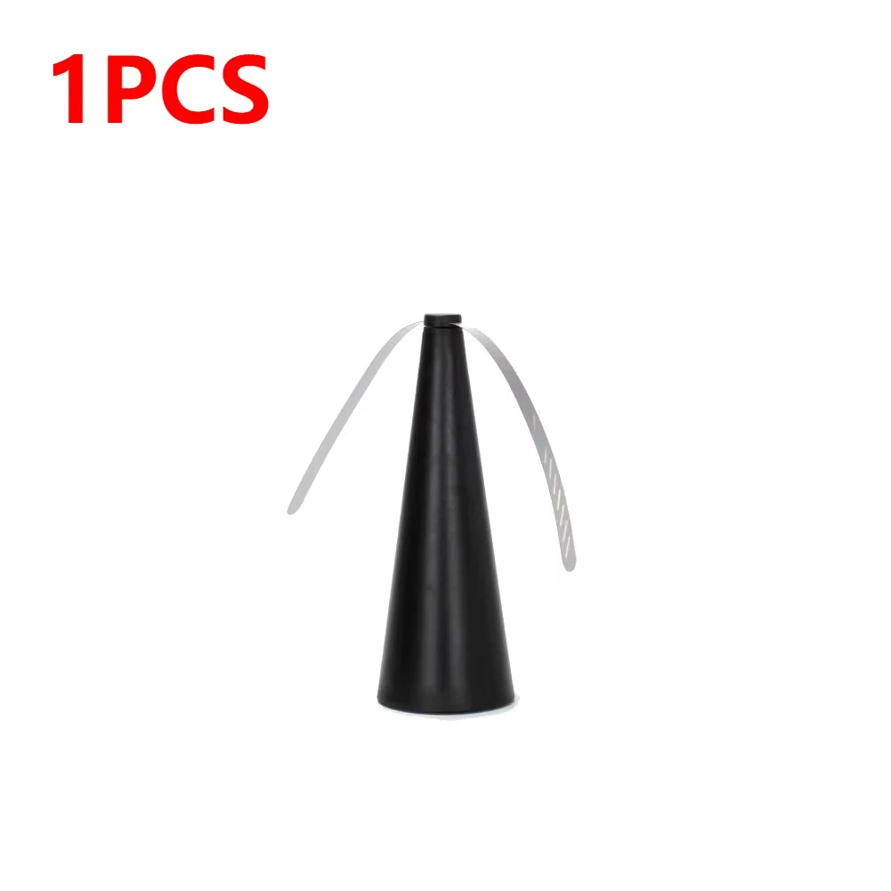 Cone shaped bug | insect | fly fan for table top. Soft blades are plastic and rotate on top to keep bugs and pests away with a USB or batteries available in silver, black or gold.
