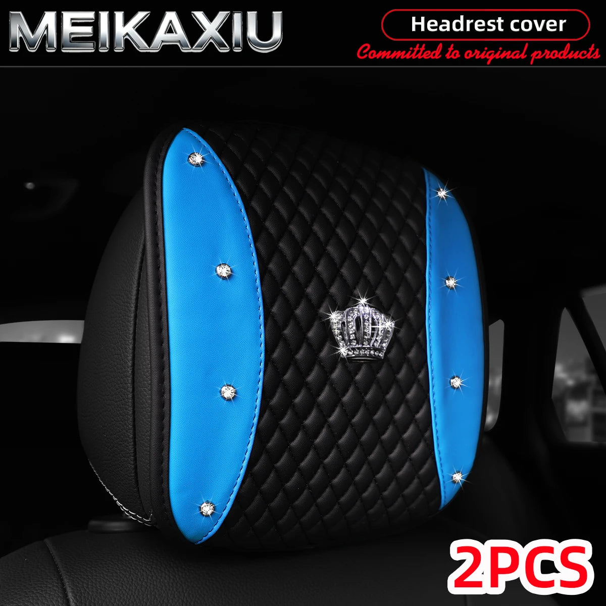 1/2PCS Multi-Color PU Leather Crown Headrest Covers with Embroidered Diamonds Rhinestones Bling Car Decorative Item