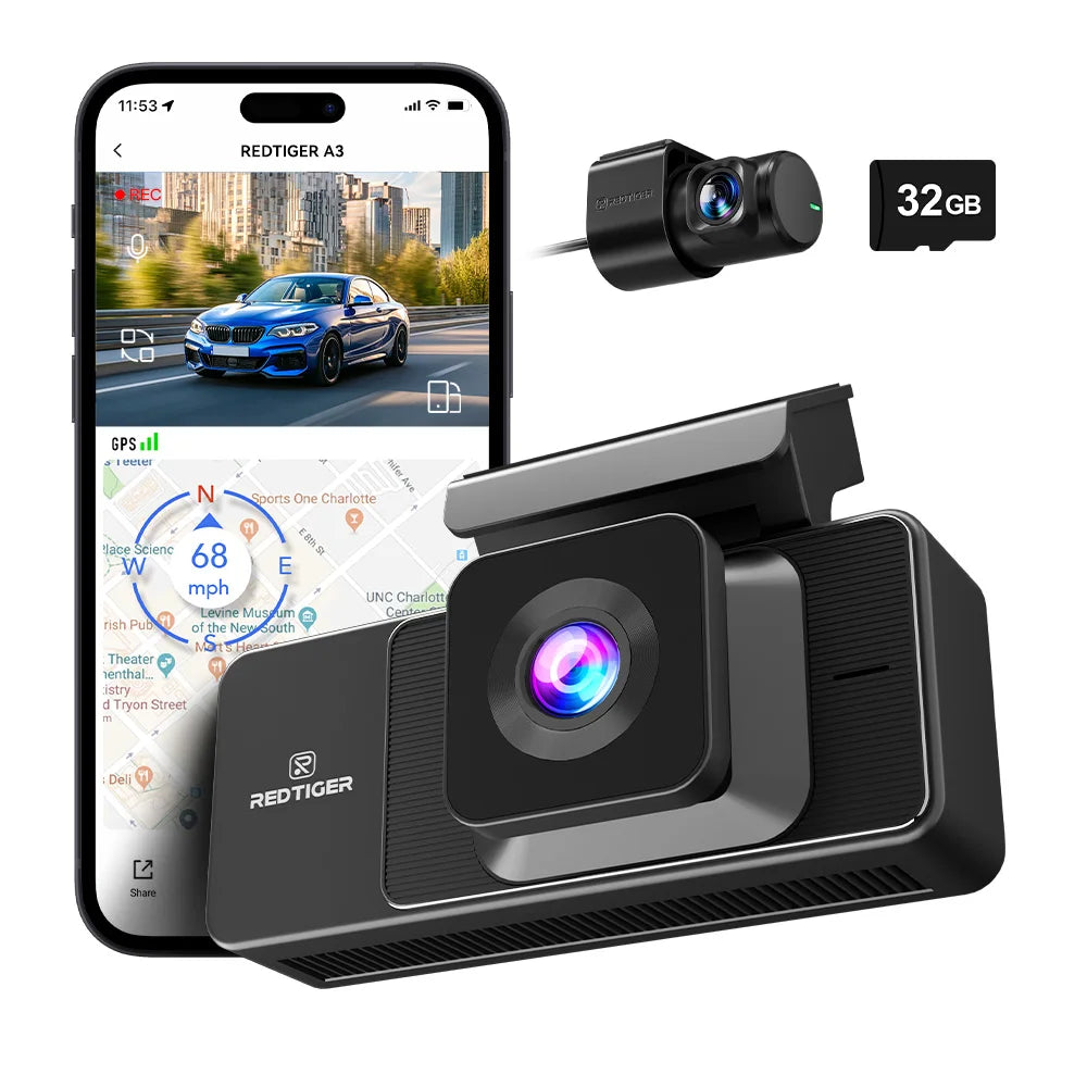 Car dashboard camera with smartphone displaying app interface, camera, and 32GB memory card on a white background.