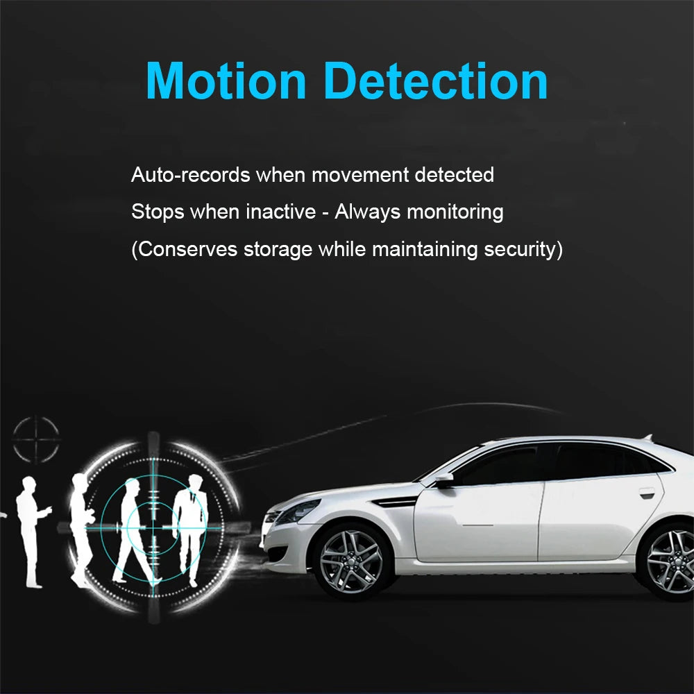 Car with motion detection feature highlighted on a dark background Streaming Dash Cam 4 Lens Full Touch Screen APP Control 24H Parking Mode Night Vision Motion G Sensor Time Lapse Record