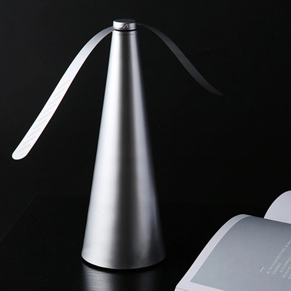Cone shaped bug | insect | fly fan for table top. Soft blades are plastic and rotate on top to keep bugs and pests away with a USB or batteries available in silver, black or gold.