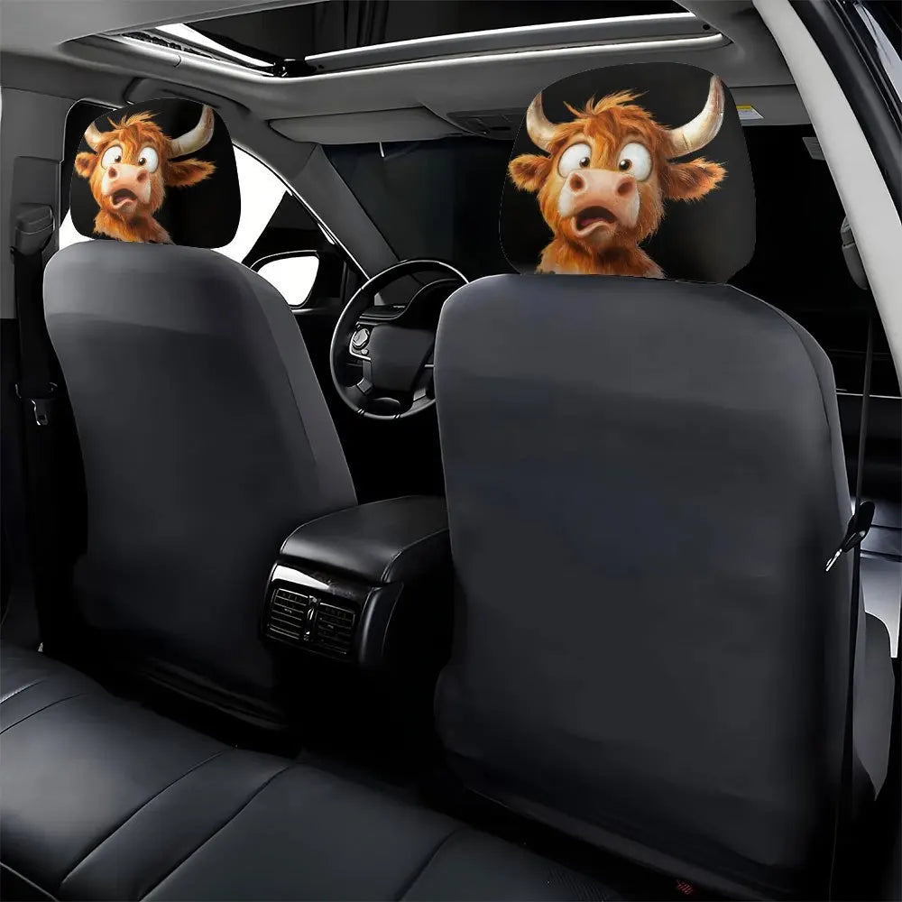 2pcs Funny Cartoon Cow Print Car Headrest Covers | Polyester, Washable, Easy Installation
