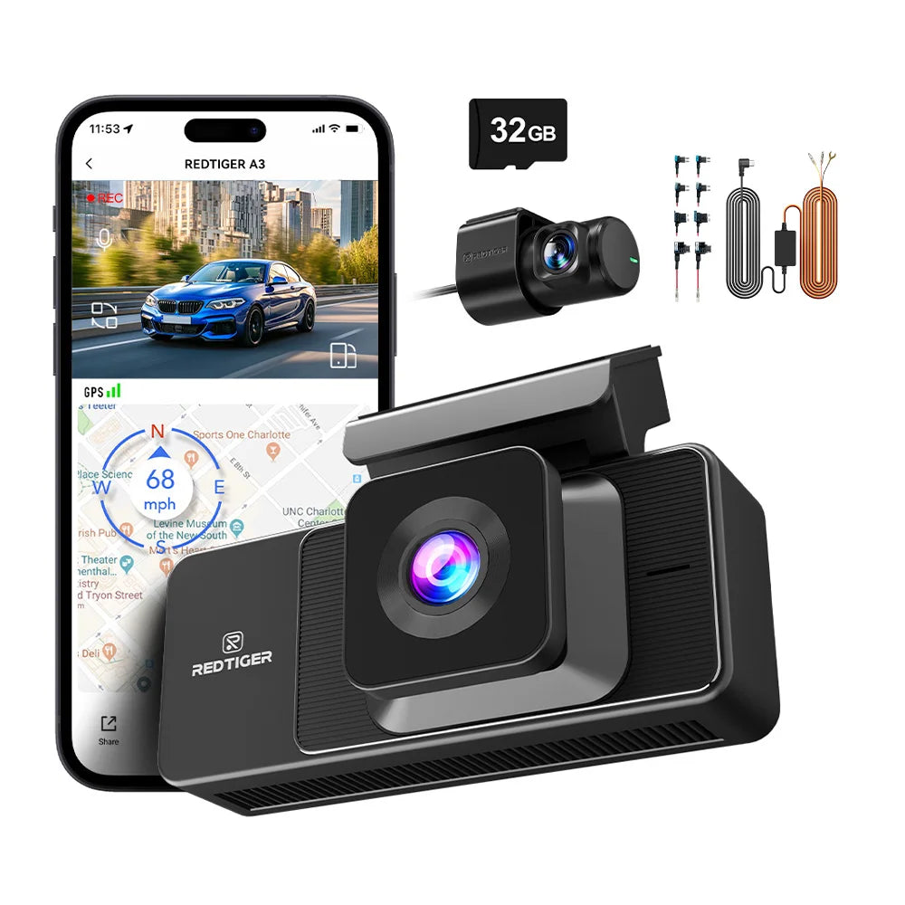 Car dashboard camera with smartphone app, memory card, and accessories on a white background
