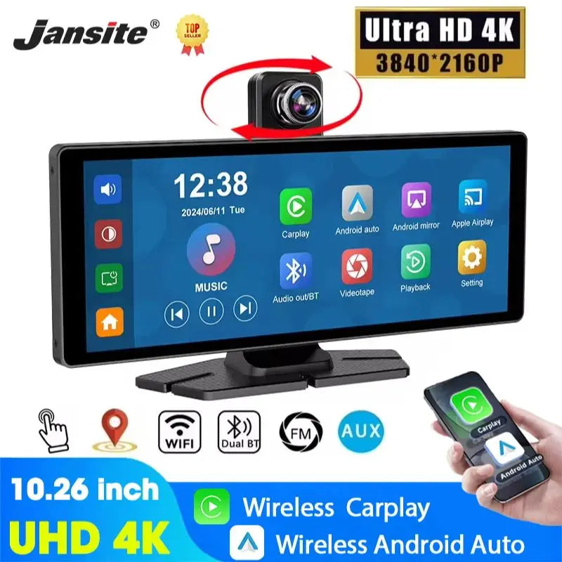 Car monitor with screen displaying apps and connectivity options, featuring Jansite branding. 4K Dash Cam Wireless Carplay Android Auto 350° Rotating Lens Car DVR GPS