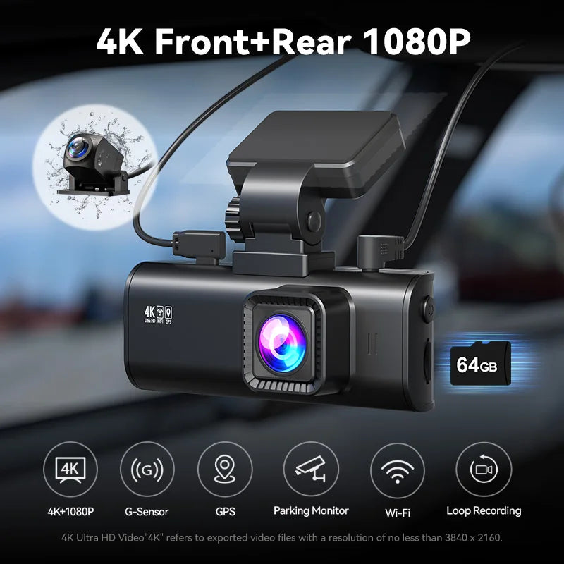 Black 4K front and rear dashcam set shown mounted on a windshield, with large text reading '4K Front+Rear 1080P', a small inset showing the rear camera, a 64GB badge, and feature icons for 4K+1080P, G-Sensor, GPS, Parking Monitor, Wi-Fi, and Loop Recording.